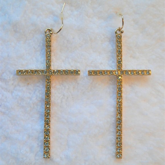 Forever 21 Jewelry - 2 3/4" Gold Rhinestone Religious Cross Earrings Forever 21 NWT